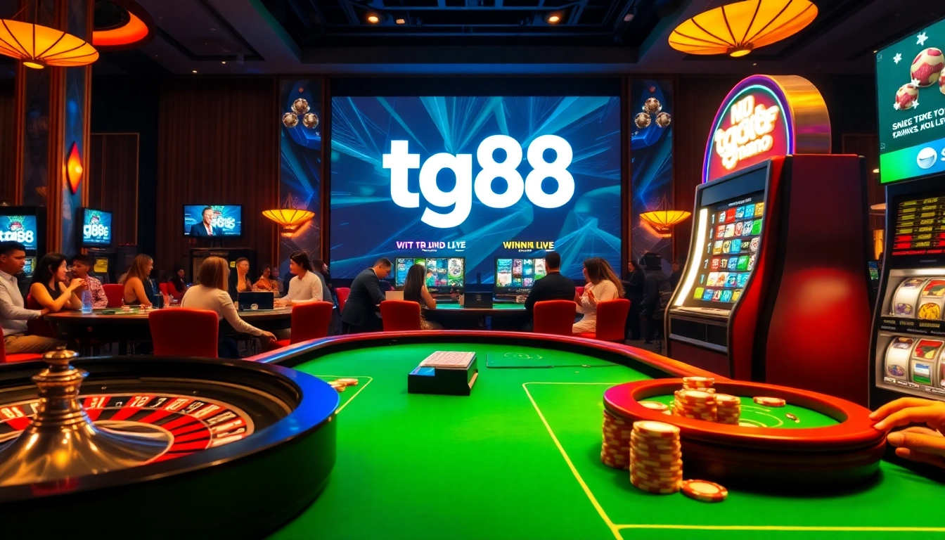 Exciting gambling scene showcasing tg88 logo amidst roulette, poker chips, and slot machines.