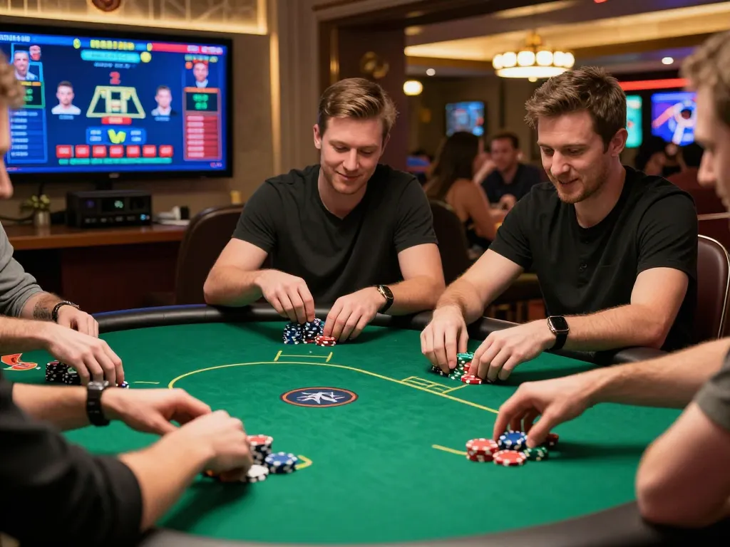 Engaged players placing bets at RR88 online poker table with colorful chips in action.