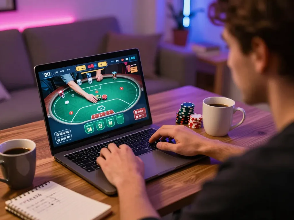 Miso 88 player engaging in online poker with strategy notes in cozy setting