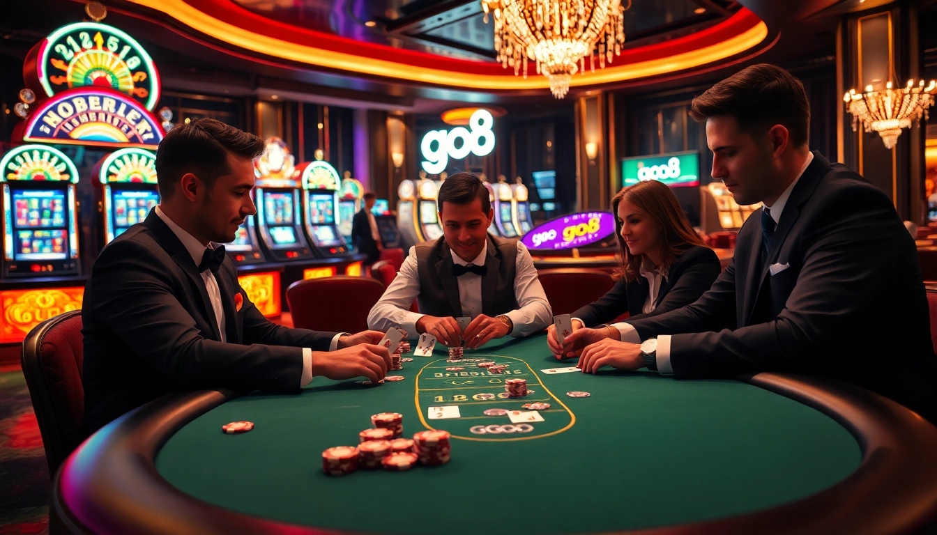Experience excitement at the go8 poker table with professional players in a luxurious casino setting.