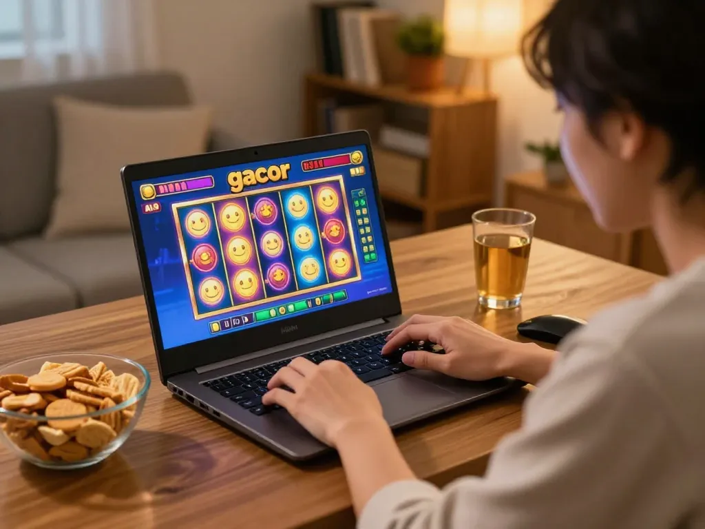 Engage in slot gacor gameplay from a cozy home office with colorful reels on screen.