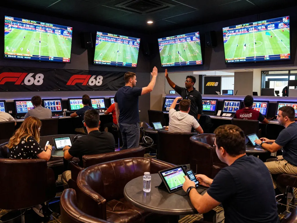 Experience the excitement of sports betting at F168 with patrons celebrating wins and placing bets