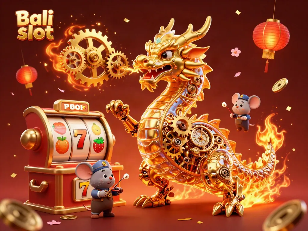 Engage with Bali slot games featuring a magical golden dragon amidst spinning reels and festive elements.