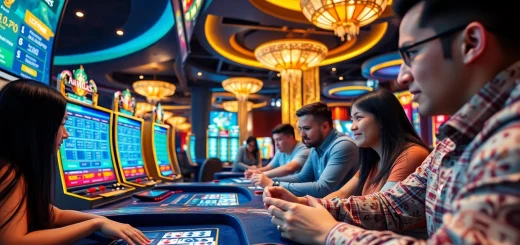 SBOBET.dance live casino experience showcasing players engaged in poker and slot games with dynamic screens.