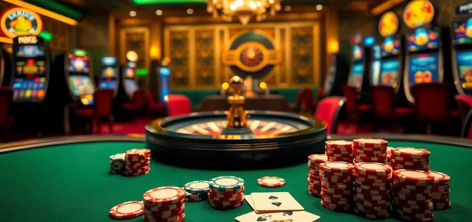Engaging scene of NK88 casino with poker chips, cards, and a roulette wheel.