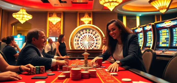 Gambling action at a lively casino table with excitement revolving around https://s666hn.com/ poker chips and cards.