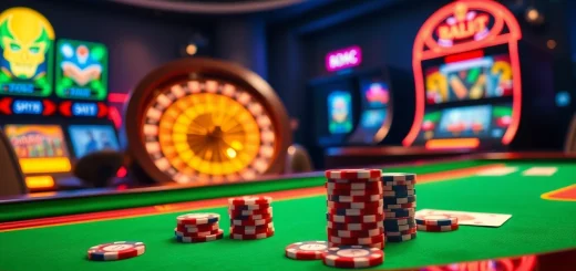 Experience the excitement of Casino trực tuyến with vibrant casino tables and poker chips.