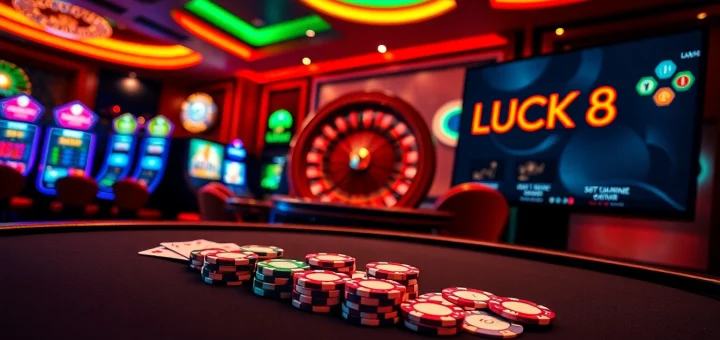 Winning at LUCK8 in an exciting casino setting filled with poker, roulette, and slots.
