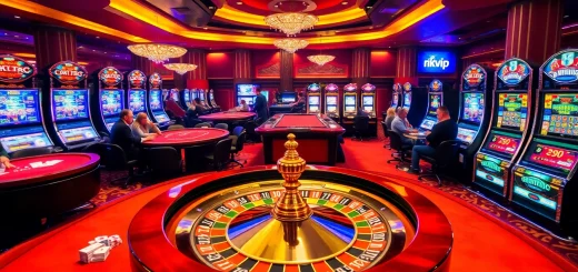 rikvip players enjoying a lively casino atmosphere with roulette and slot machines