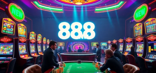 Exciting gaming action at nhà cái 888NEW showcasing vibrant slot machines and poker gameplay.