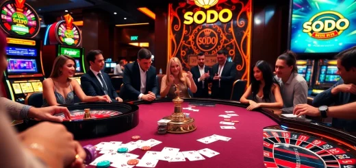SODO Casino features an exciting roulette wheel and vibrant gambling tables with eager players.