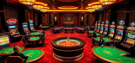 Exciting casino game action at https://zk88.club/ with roulette, poker, and flashing slot machines.