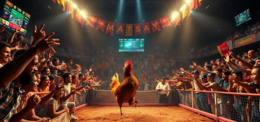 Live betting atmosphere at dagawin.live featuring energetic chicken fighting event with cheering crowd.