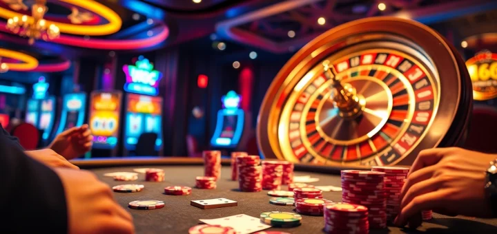 Experience the thrill of MB66 at a luxurious casino with poker and roulette action.