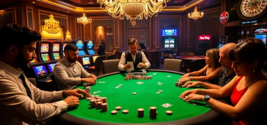 Intense poker action at a luxurious casino table featuring 788t poker chips and vibrant atmosphere.