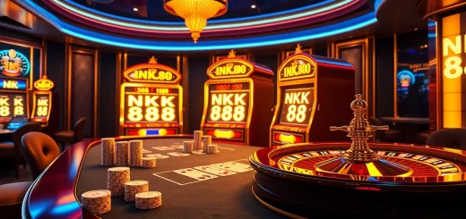 NK 88 gaming scene with poker chips and roulette wheel, capturing the excitement of casino gaming.