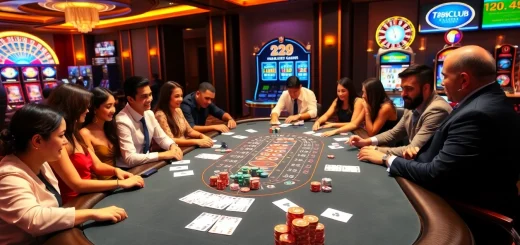 A group of players enjoying a thrilling poker game at 789club, showcasing vibrant activity and casino excitement.