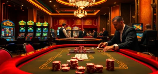 Players enjoy high-stakes action at a luxurious tg88 casino table with vibrant slots in the background.