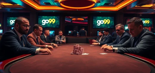 Players strategizing at a luxury poker table with 'go99' branding, showcasing high stakes and excitement.