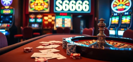 Experience the excitement of S666 with vibrant casino visuals featuring poker and roulette tables.
