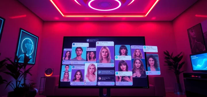 Engaging scene of an AI NSFW chat interface showcasing diverse character avatars in a vibrant, intimate setting.