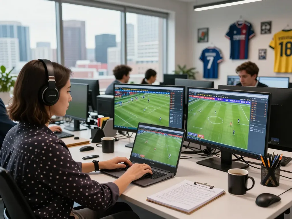 Experience live updates and football scores with 7m in a vibrant sports news office.