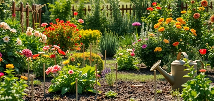 יתד אנקור שמייצב צמחים בגינה תוססת, ומציג כלים לגינון ודלי השקיה.