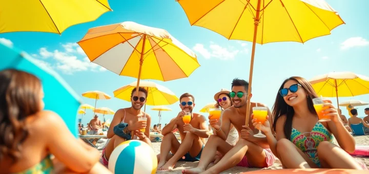 Friends enjoying a vibrant beach day, embodying the joy of Nắng Cực in a sunny outdoor scene.
