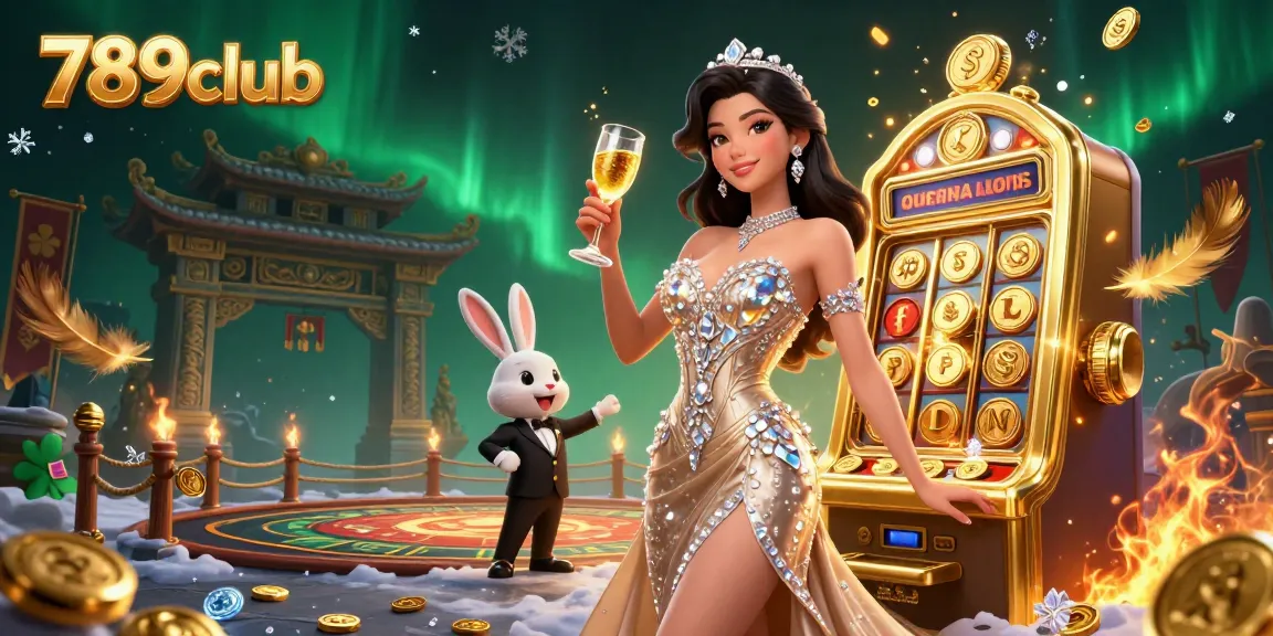 Experience the excitement of 789club with a glamorous casino scene showcasing a woman toasting by a jackpot slot machine.