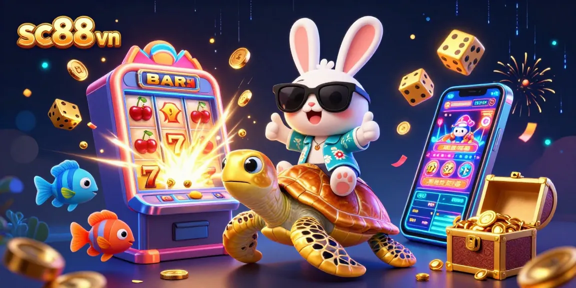 Experience the thrilling world of sc88 vn with a vibrant 3D gaming illustration featuring a lucky rabbit and a golden sea turtle in a bustling casino.