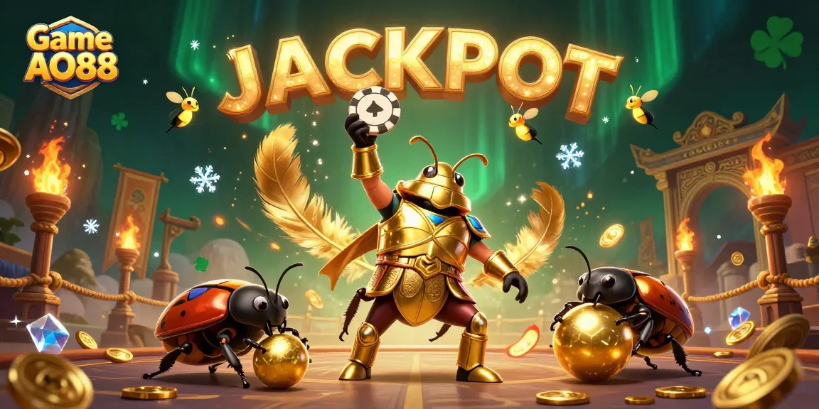 Experience Game AO88 excitement with a triumphant beetle, golden coins, and vivid jackpot visuals.