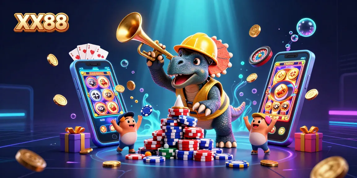 Engage in thrilling gaming adventures at XX88 with vibrant 3D characters celebrating casino wins.