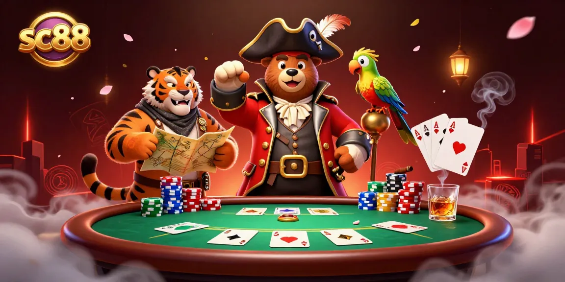 Engage in thrilling gameplay with sc88, featuring a pirate captain bear and a tiger at a poker table.