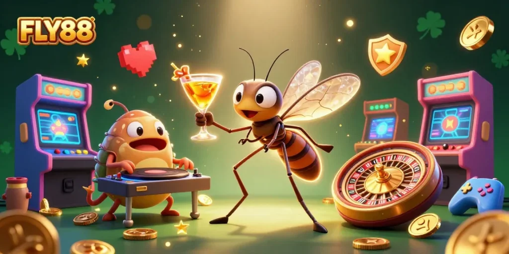 Experience the excitement of FLY88 with dynamic characters and engaging casino elements in a rich 3D illustration.