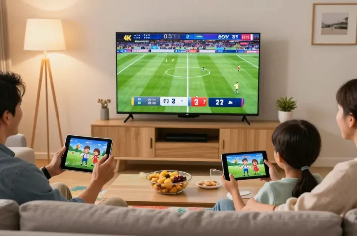 Family enjoying their IPTV subscription UK experience with live sports and animated shows.