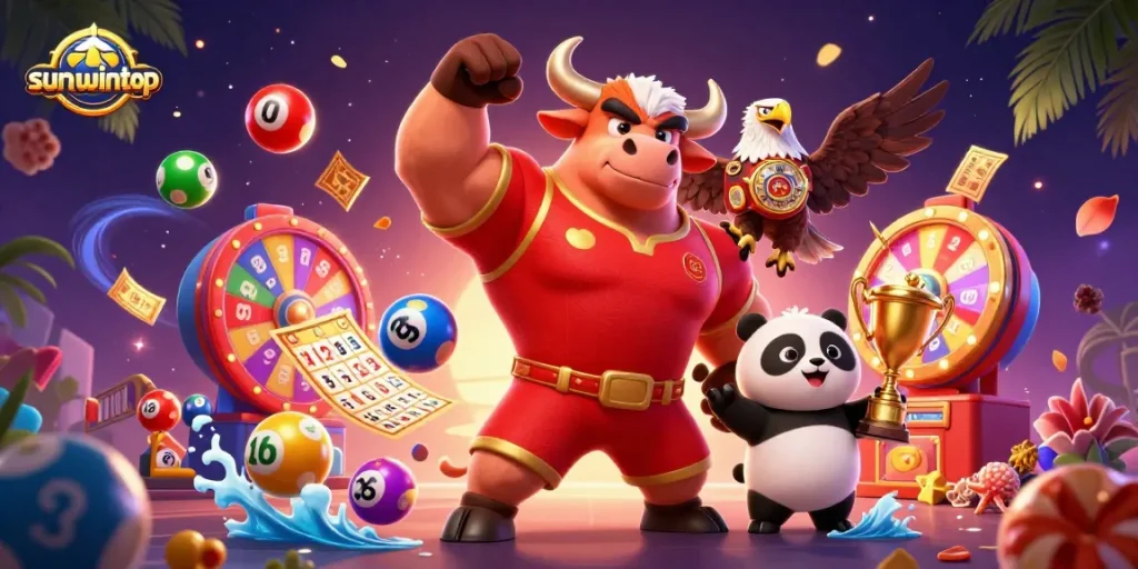 Join the vivid action at sunwintop with colorful lottery elements and exciting casino characters.