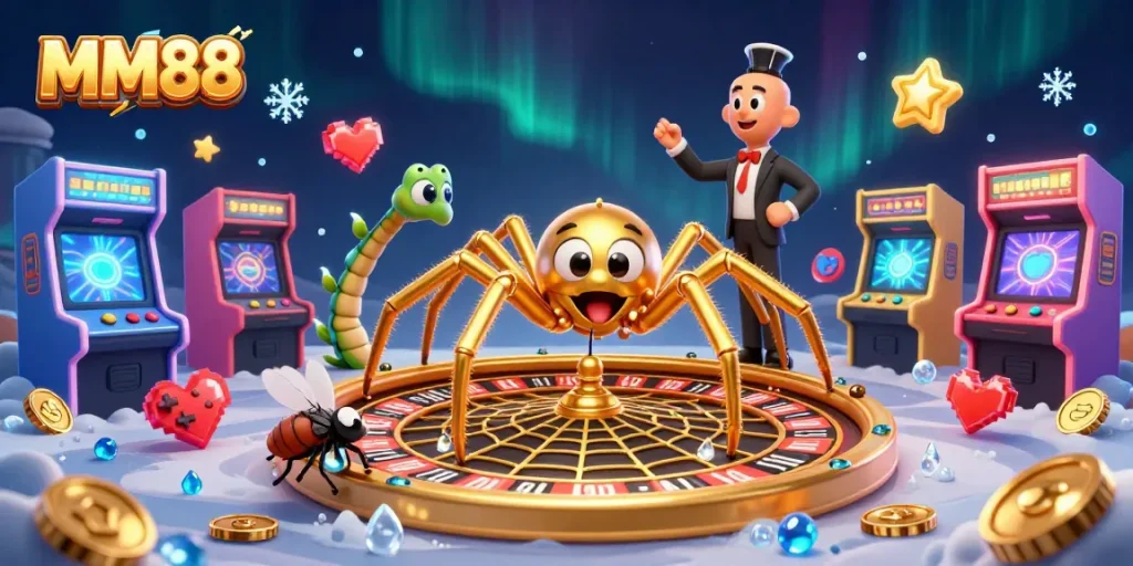 Experience thrilling bets with MM88's unique casino web spun by a golden spider and vibrant gaming elements.